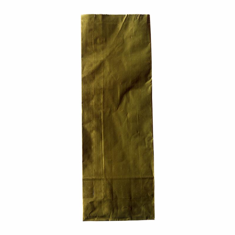 Guldfarvet pose.  Mål: 105 x 65 x 290 mm